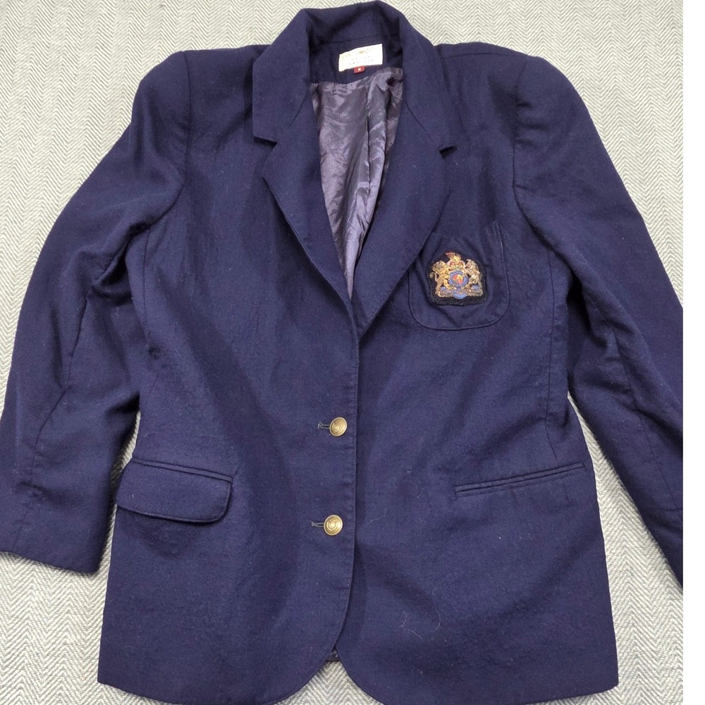 Susan Bristol Vintage Navy Blue‎ 100% Wool Crest Blazer Gold Buttons USA Size 8